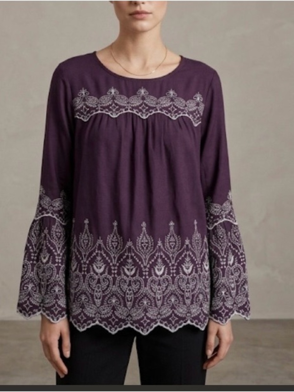 Indigo thread co rayon Embroidered Purple Peasant top smock tie back L folklore
